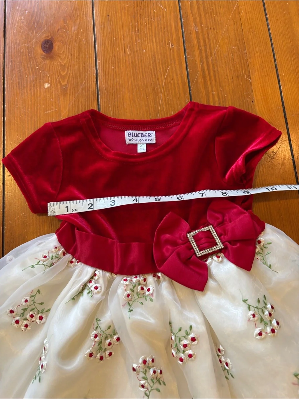 Blueberi Boulevard Girls' Red Velvet & Ivory Embroidered Holiday Dress Size 2T